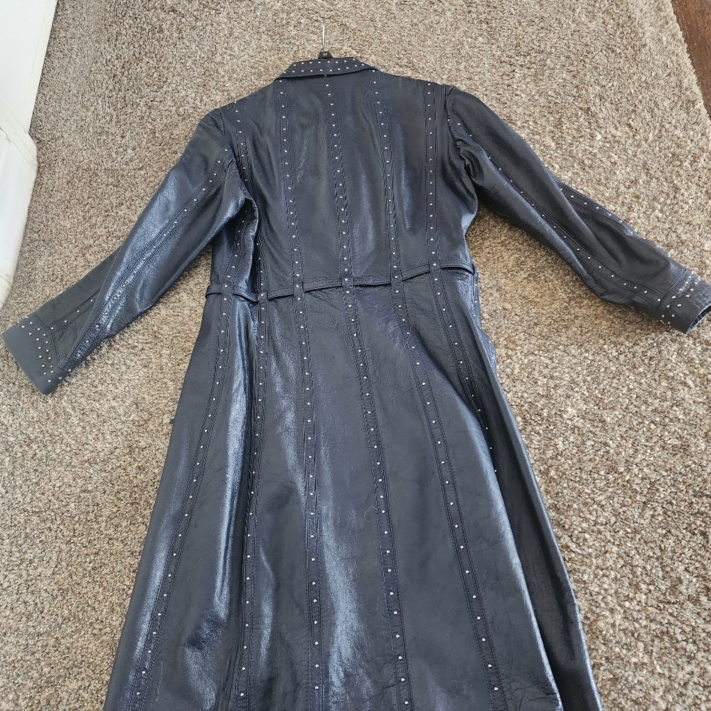 Chic Navy Blue, Gamolin Of Barcelona Vintage Leather Studded Women's Trench Coat - Picture 13 of 16